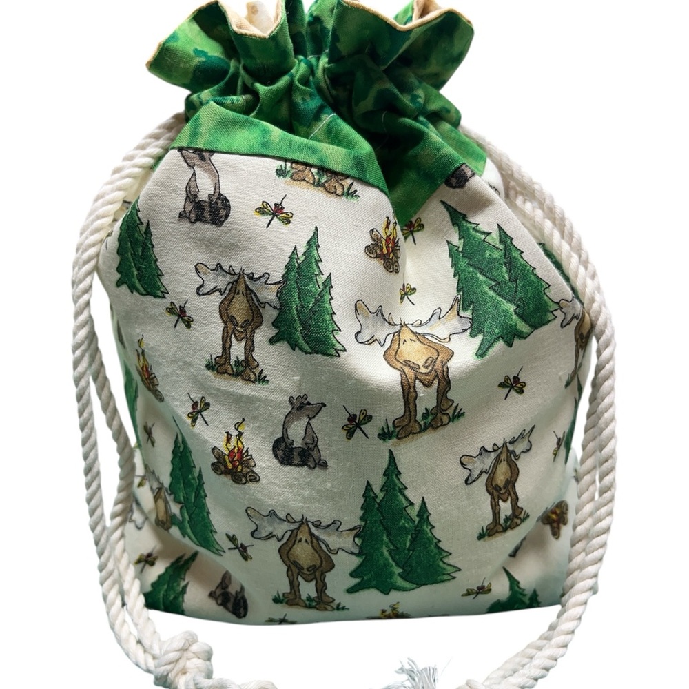 Hand Crafted Green and White Drawstring Bag
